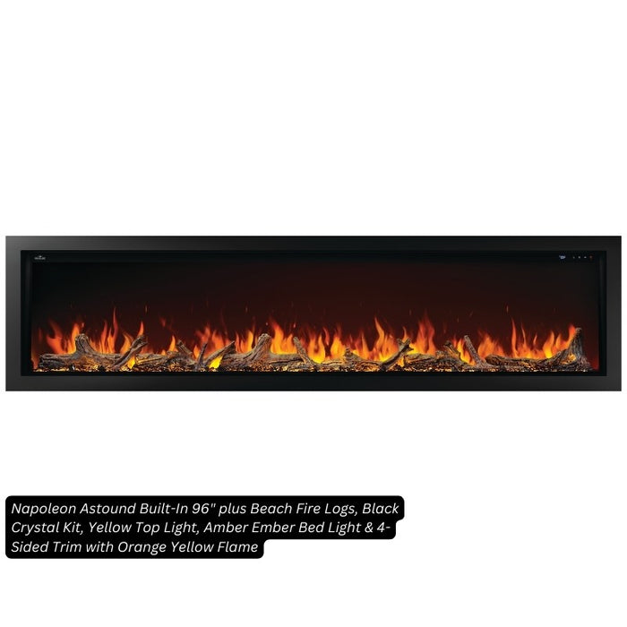 Napoleon Astound Built-In 96 plus Beach Fire Logs, Black Crystal Kit, Yellow Top Light, Amber Ember Bed Light & 4-Sided Trim with Orange Yellow Flame