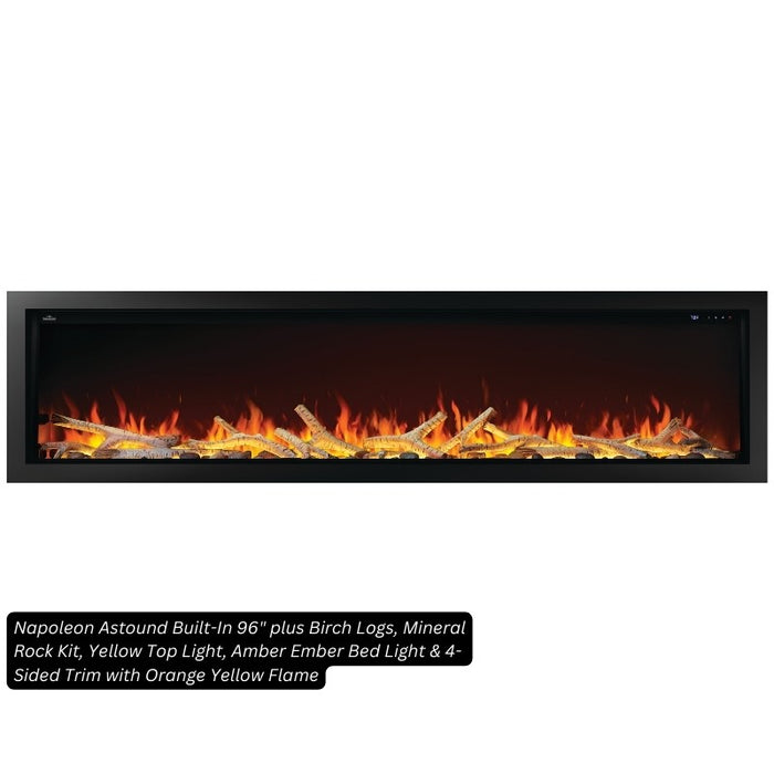 Napoleon Astound Built-In 96 plus Birch Logs, Mineral Rock Kit, Yellow Top Light, Amber Ember Bed Light & 4-Sided Trim with Orange Yellow Flame