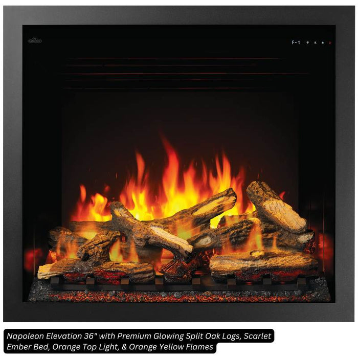 Napoleon Elevation 36 with Premium Glowing Split Oak Logs, Scarlet Ember Bed, Orange Top Light, & Orange Yellow Flames