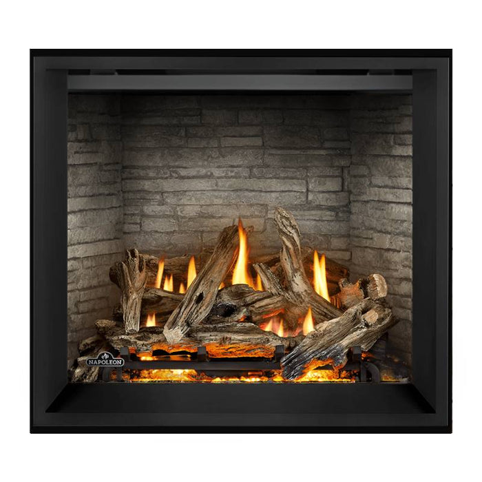 Napoleon Elevation X 36 Direct Vent Fireplace with Antique Ledgestone Brick Interior Panel and Driftwood Log Set