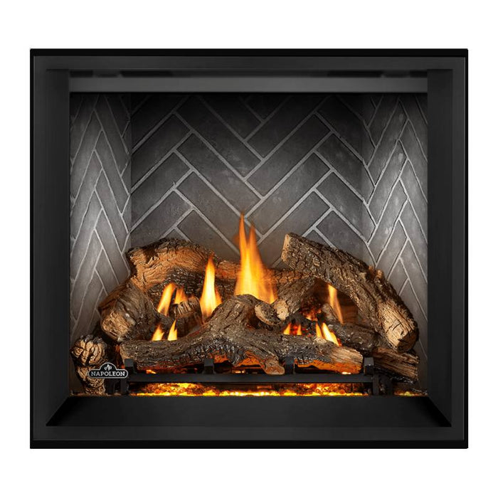 Napoleon Elevation X 36 Direct Vent Fireplace with Westminster Grey Herringbone Interior Panel and Split Oak Log Set