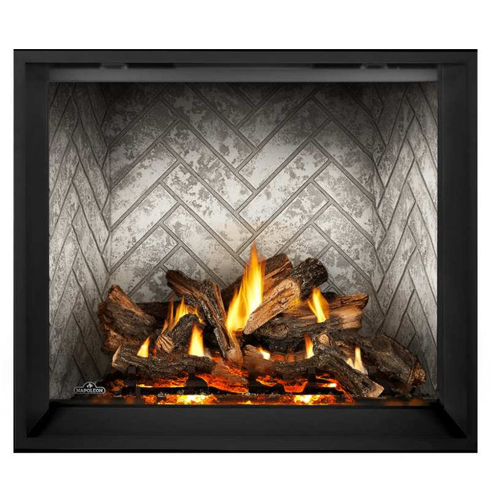 Napoleon Elevation X 42 Direct Vent Fireplace with Glacier Brick Herringbone Interior Panel and Split Oak Log Set