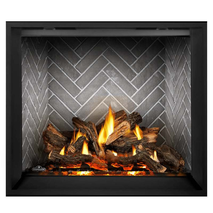 Napoleon Elevation X 42 Direct Vent Fireplace with Westminster Grey Herringbone  Interior Panel and Split Oak Log Set