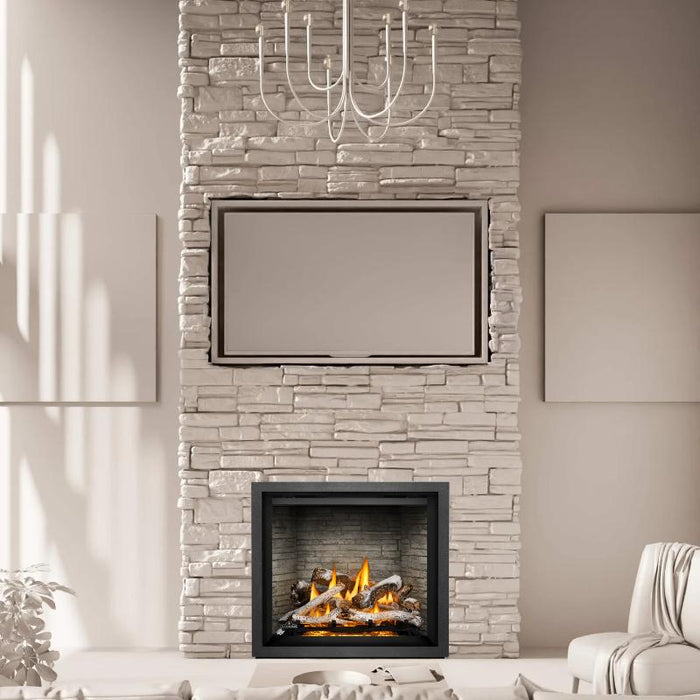 Napoleon Elevation X with Birch Logs, Antique Ledgestone Brick Panel, Charcoal Finish Trim & Premium Black Safety Barrier