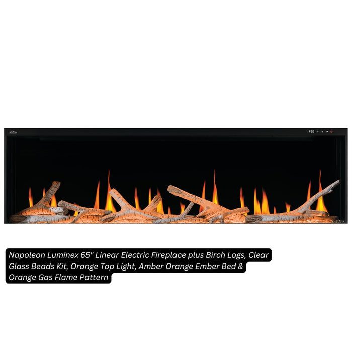 Napoleon Luminex 65 Linear Electric Fireplace plus Birch Logs, Clear Glass Beads Kit, Orange Top Light, Amber Orange Ember Bed & Orange Gas Flame Pattern