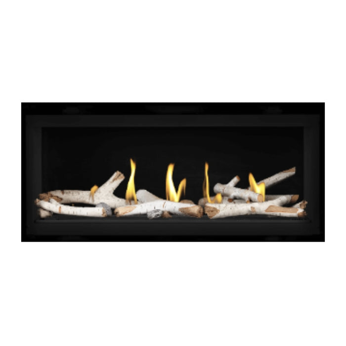 Napoleon Luxuria 38" Linear Direct Vent Gas Fireplace Shore Fire and Birch Log Kit Face on White Background