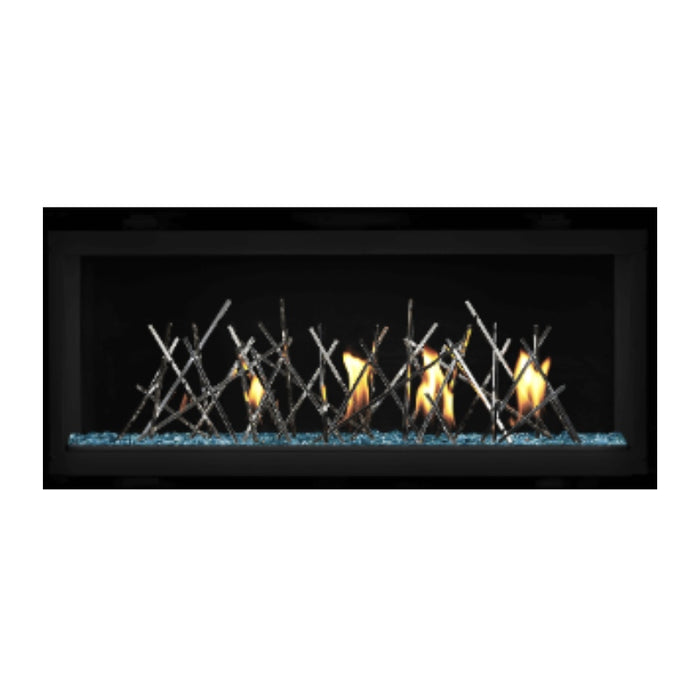 Napoleon Luxuria 38" Linear Direct Vent Gas Fireplace with Blue Glass Beads and Nickel Stix Kit Face on White Background