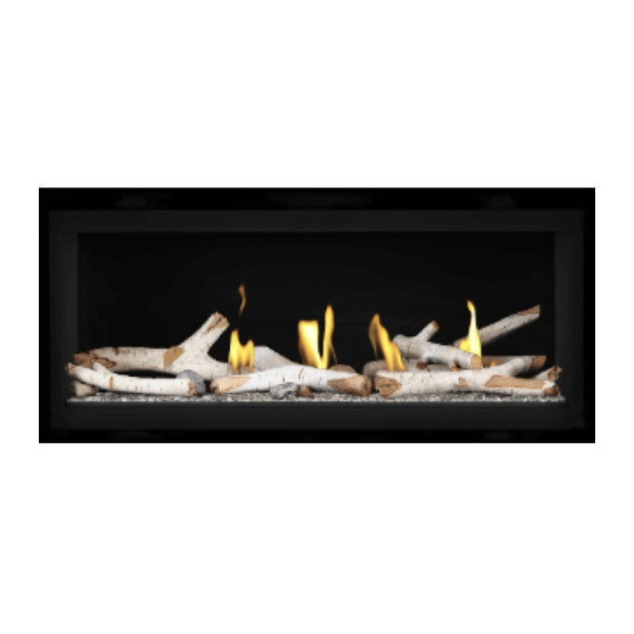 Napoleon Luxuria 38" Linear Direct Vent Gas Fireplace with Clear Glass Beads and Birch Log Kit Face on White Background