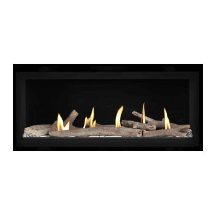 Napoleon Luxuria 38" Linear Direct Vent Gas Fireplace with Shore Fire and Contemporary Log Kit Face on White Background