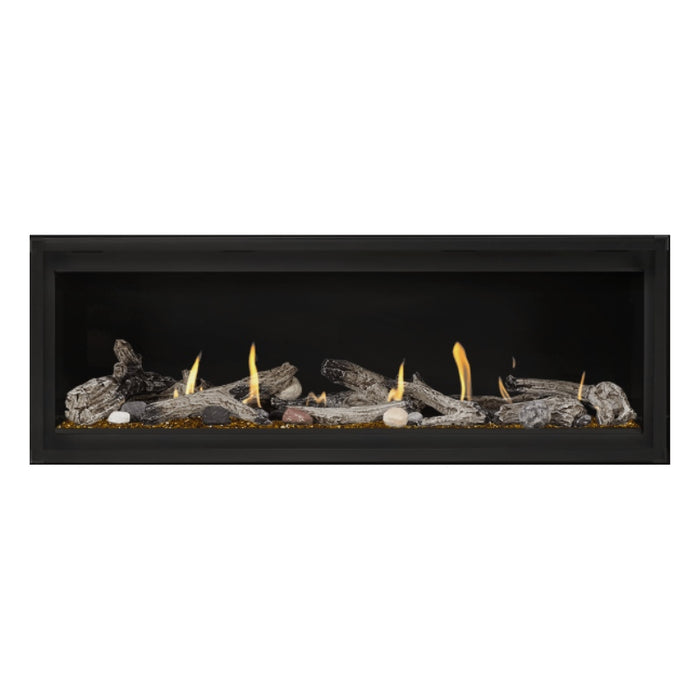 Napoleon Luxuria 50" Linear Direct Vent Gas Fireplace with Amber Glass Beads and Beach Fire Kit Face on White Background