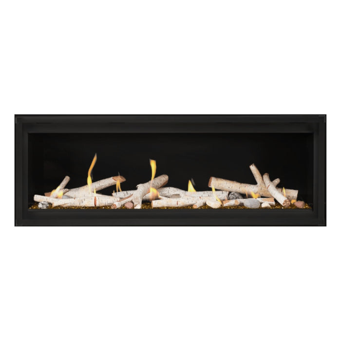 Napoleon Luxuria 50" Linear Direct Vent Gas Fireplace with Amber Glass Beads and Birch Log Kit Face on White Background