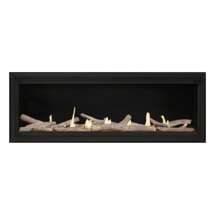 Napoleon Luxuria 50" Linear Direct Vent Gas Fireplace with Amber Glass Beads and Contemporary Log Kit Face on White Background