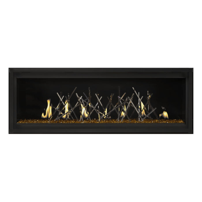 Napoleon Luxuria 50" Linear Direct Vent Gas Fireplace with Amber Glass Beads and Nickel Stix Kit Face on White Background