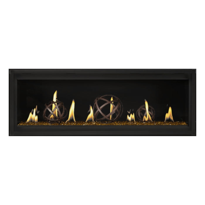 Napoleon Luxuria 50" Linear Direct Vent Gas Fireplace with Amber Glass Beads and Wrought Iron Globe Kit Face on White Background