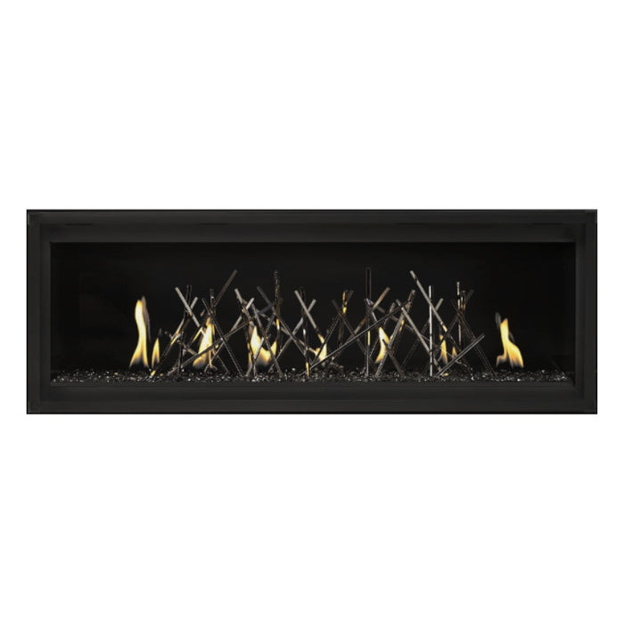 Napoleon Luxuria 50" Linear Direct Vent Gas Fireplace with Black Glass Beads and Nickel Stix Kit Face on White Background