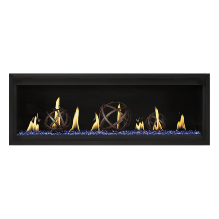 Napoleon Luxuria 50" Linear Direct Vent Gas Fireplace with Blue Glass Beads and Wrought Iron Globe Kit Face on White Background