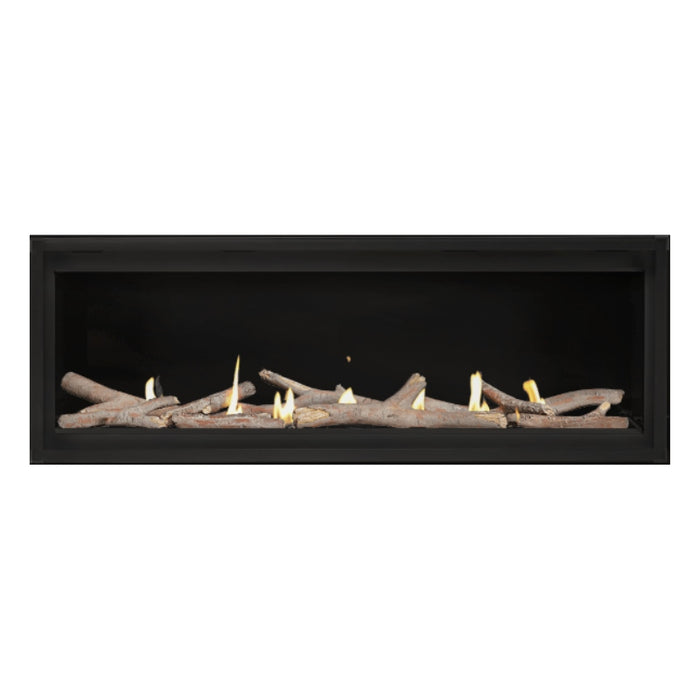 Napoleon Luxuria 50" Linear Direct Vent Gas Fireplace with Shore Fire and Contemporary Log Kit Face on White Background