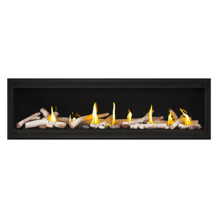 Napoleon Luxuria 62" Linear Direct Vent Gas Fireplace Shore Fire and Birch Log Kit Face on White Background