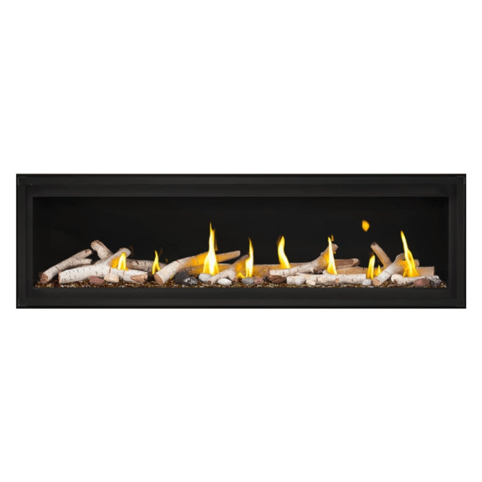 Napoleon Luxuria 62" Linear Direct Vent Gas Fireplace with Amber Glass Beads and Birch Log Kit Face on White Background