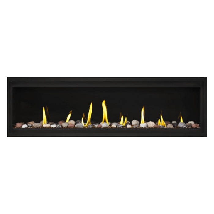 Napoleon Luxuria 62" Linear Direct Vent Gas Fireplace with Amber Glass Beads and Mineral Rock Kit Face on White Background