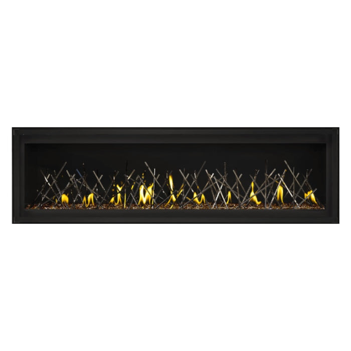 Napoleon Luxuria 62" Linear Direct Vent Gas Fireplace with Amber Glass Beads and Nickel Stix Kit Face on White Background