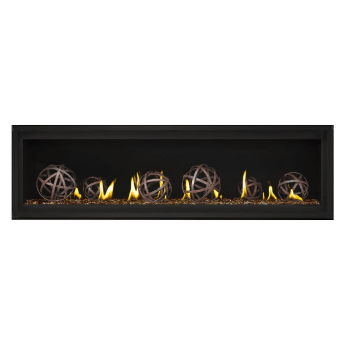 Napoleon Luxuria 62" Linear Direct Vent Gas Fireplace with Amber Glass Beads and Wrought Iron Globe Kit Face on White Background