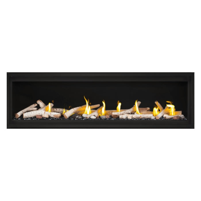 Napoleon Luxuria 62" Linear Direct Vent Gas Fireplace with Black Glass Beads and Birch Log Kit Face on White Background