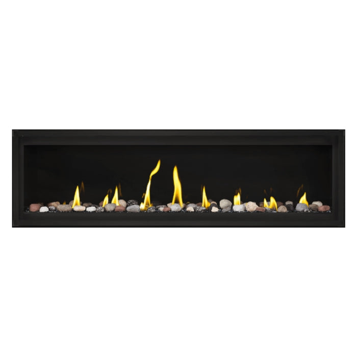  Napoleon Luxuria 62" Linear Direct Vent Gas Fireplace with Black Glass Beads and Mineral Rock Kit Face on White Background