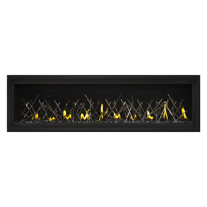 Napoleon Luxuria 62" Linear Direct Vent Gas Fireplace with Black Glass Beads and Nickel Stix Kit Face on White Background