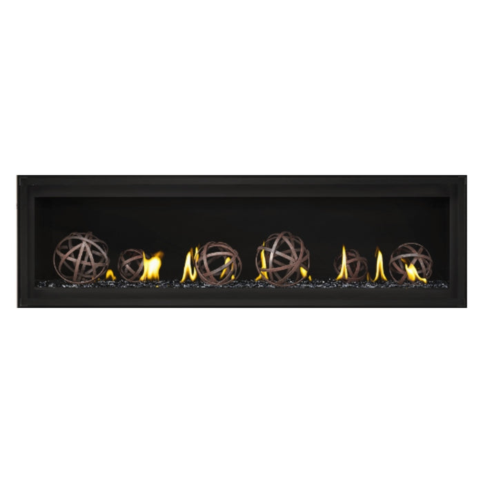 Napoleon Luxuria 62" Linear Direct Vent Gas Fireplace with Black Glass Beads and Wrought Iron Globe Kit Face on White Background