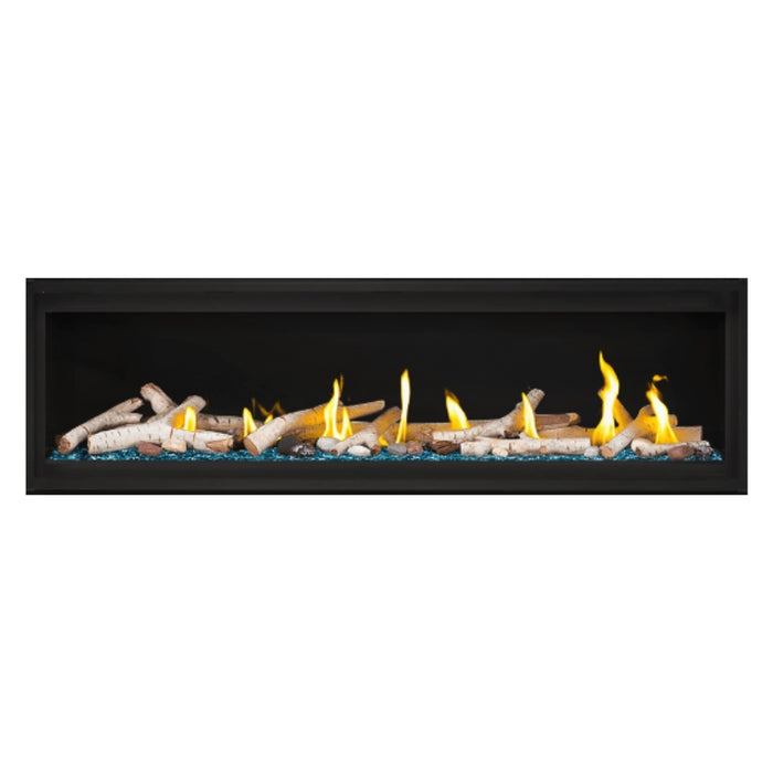 Napoleon Luxuria 62" Linear Direct Vent Gas Fireplace with Blue Glass Beads and Birch Log Kit Face on White Background