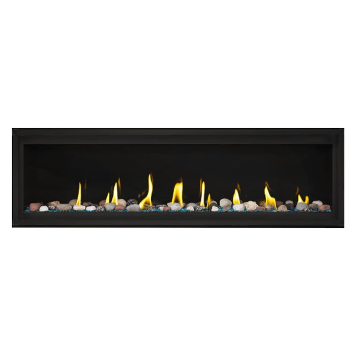 Napoleon Luxuria 62" Linear Direct Vent Gas Fireplace with Blue Glass Beads and Mineral Rock Kit Face on White Background