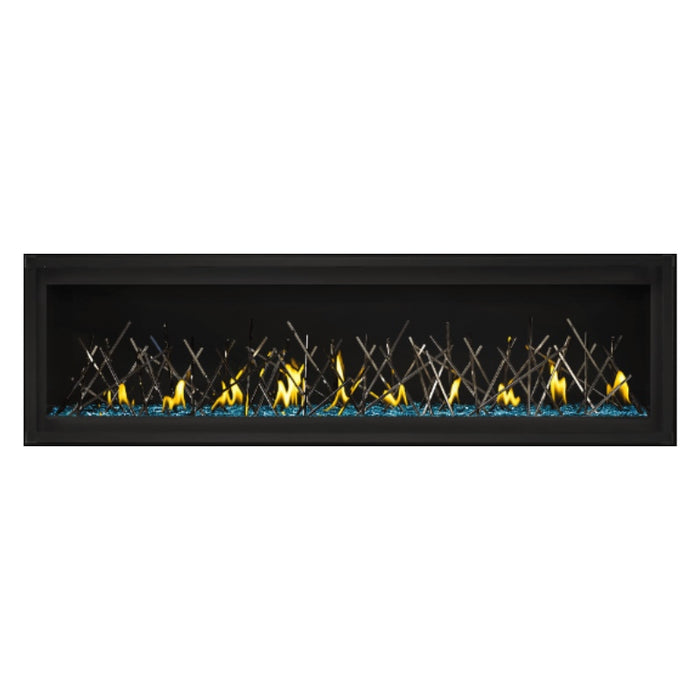 Napoleon Luxuria 62" Linear Direct Vent Gas Fireplace with Blue Glass Beads and Nickel Stix Kit Face on White Background