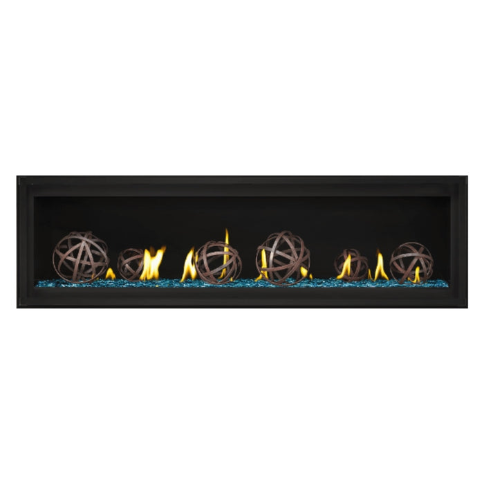 Napoleon Luxuria 62" Linear Direct Vent Gas Fireplace with Blue Glass Beads and Wrought Iron Globe Kit Face on White Background