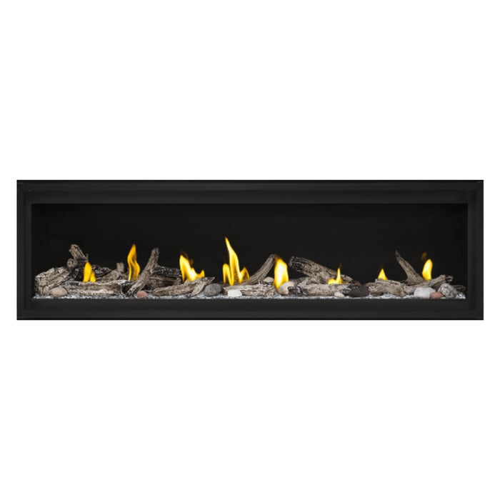 Napoleon Luxuria 62" Linear Direct Vent Gas Fireplace with Clear Glass Beads and Beach Fire Kit Face on White Background