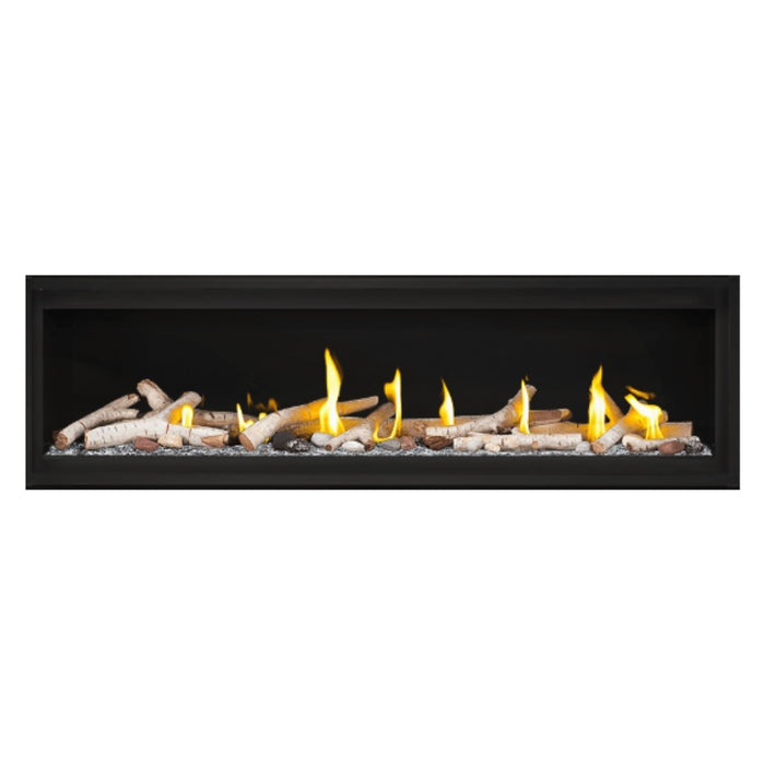 Napoleon Luxuria 62" Linear Direct Vent Gas Fireplace with Clear Glass Beads and Birch Log Kit Face on White Background