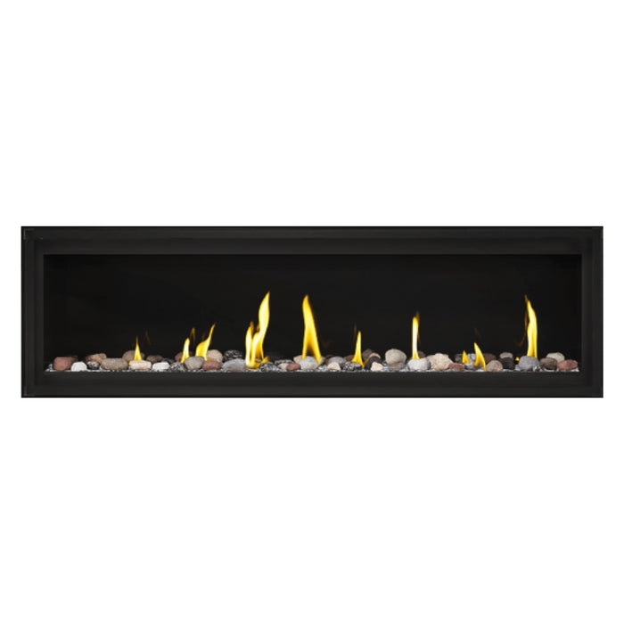 Napoleon Luxuria 62" Linear Direct Vent Gas Fireplace with Clear Glass Beads and Mineral Rock Kit Face on White Background