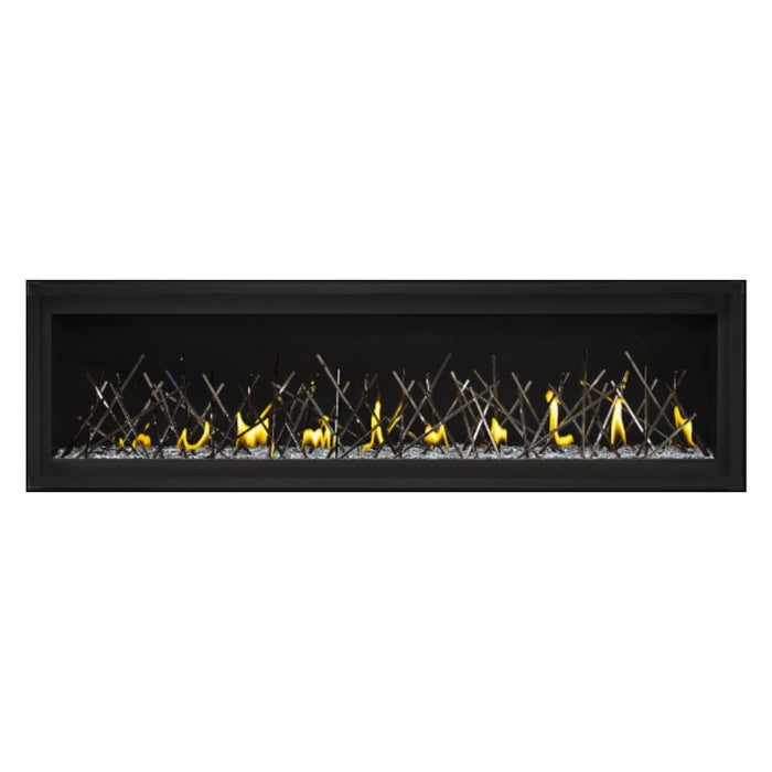  Napoleon Luxuria 62" Linear Direct Vent Gas Fireplace with Clear Glass Beads and Nickel Stix Kit Face on White Background