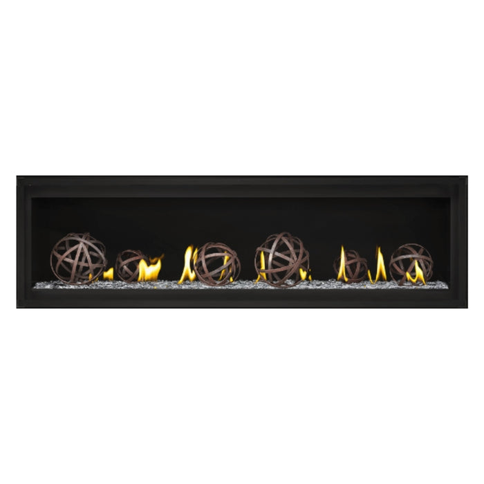 Napoleon Luxuria 62" Linear Direct Vent Gas Fireplace with Clear Glass Beads and Wrought Iron Globe Kit Face on White Background