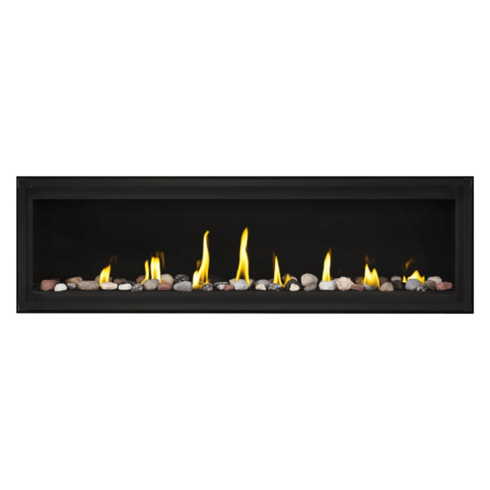  Napoleon Luxuria 62" Linear Direct Vent Gas Fireplace with Shore Fire and Mineral Rock Kit Face on White Background