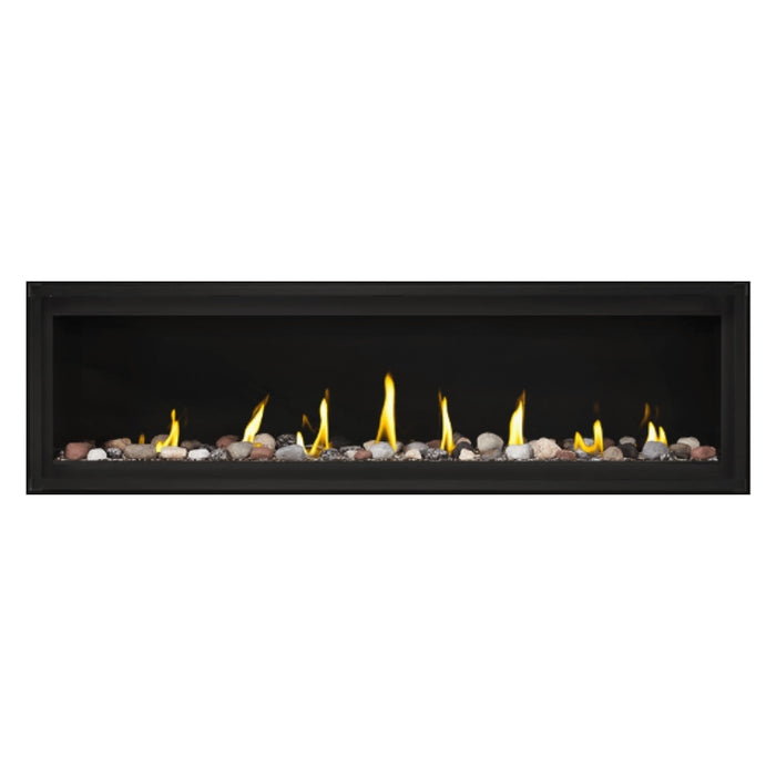 Napoleon Luxuria 62" Linear Direct Vent Gas Fireplace with Topaz Glass Beads and Mineral Rock Kit Face on White Background