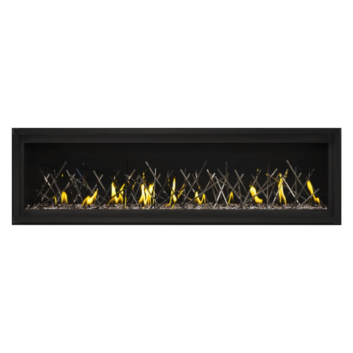 Napoleon Luxuria 62" Linear Direct Vent Gas Fireplace with Topaz Glass Beads and Nickel Stix Kit Face on White Background