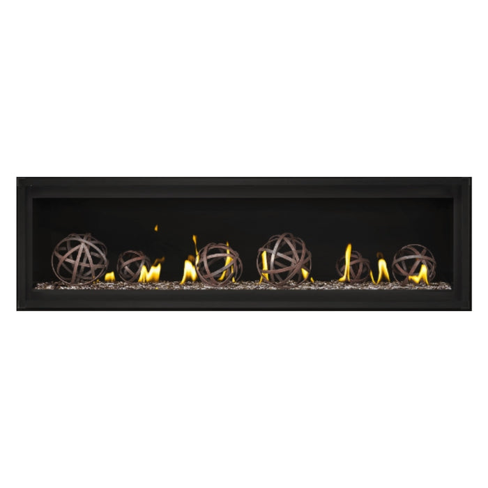Napoleon Luxuria 62" Linear Direct Vent Gas Fireplace with Topaz Glass Beads and Wrought Iron Globe Kit Face on White Background