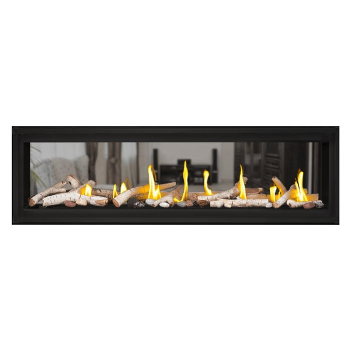  Napoleon Luxuria 62" See Thru Linear Direct Vent Gas Fireplace Shore Fire and Birch Log Kit Face on White Background