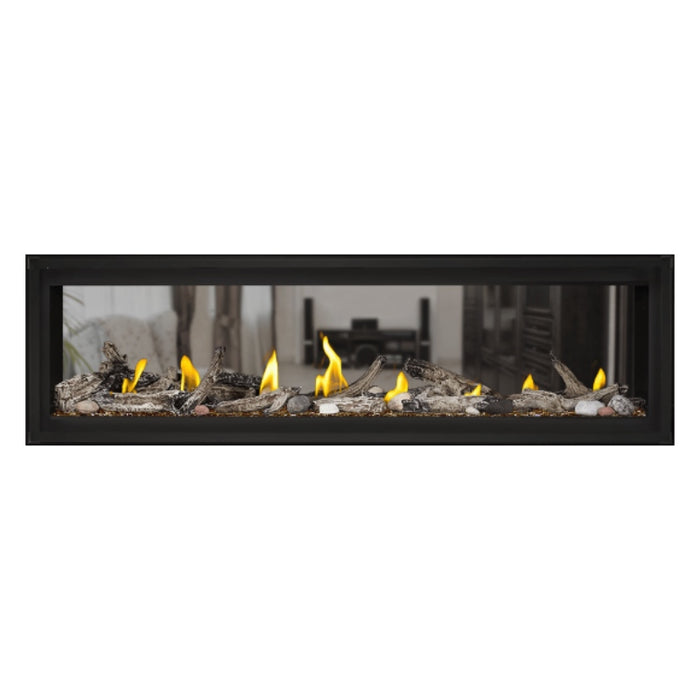 Napoleon Luxuria 62" See Thru Linear Direct Vent Gas Fireplace with Amber Glass Beads and Beach Fire Kit Face on White Background