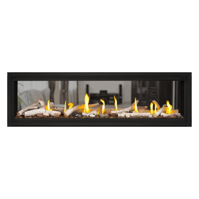 Napoleon Luxuria 62" See Thru Linear Direct Vent Gas Fireplace with Amber Glass Beads and Birch Log Kit Face on White Background