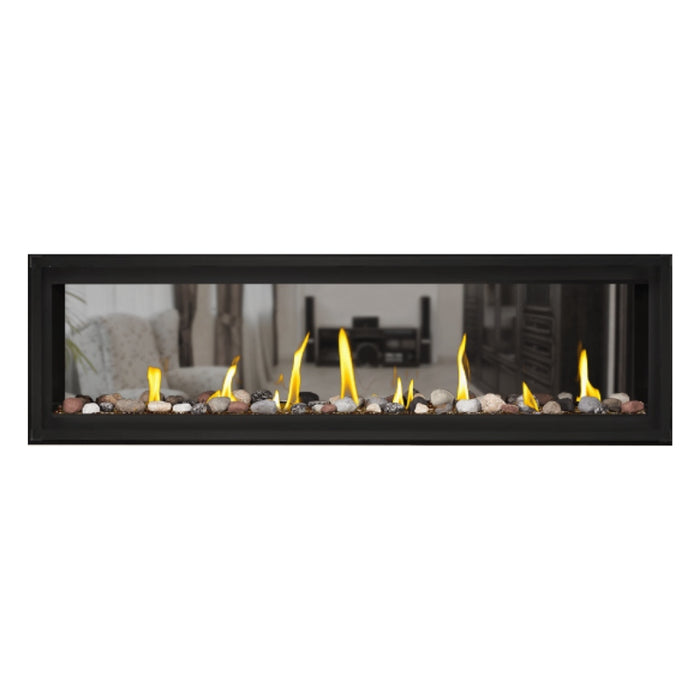 Napoleon Luxuria 62" See Thru Linear Direct Vent Gas Fireplace with Amber Glass Beads and Mineral Rock Kit Face on White Background