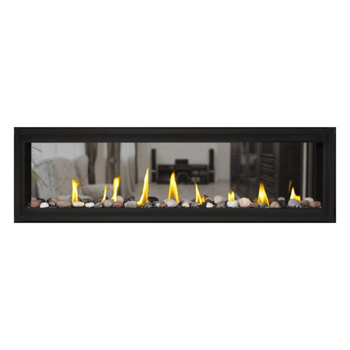 Napoleon Luxuria 62" See Thru Linear Direct Vent Gas Fireplace with Black Glass Beads and Mineral Rock Kit Face on White Background