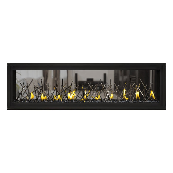 Napoleon Luxuria 62" See Thru Linear Direct Vent Gas Fireplace with Black Glass Beads and Nickel Stix Kit Face on White Background