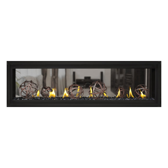 Napoleon Luxuria 62" See Thru Linear Direct Vent Gas Fireplace with Black Glass Beads and Wrought Iron Globe Kit Face on White Background